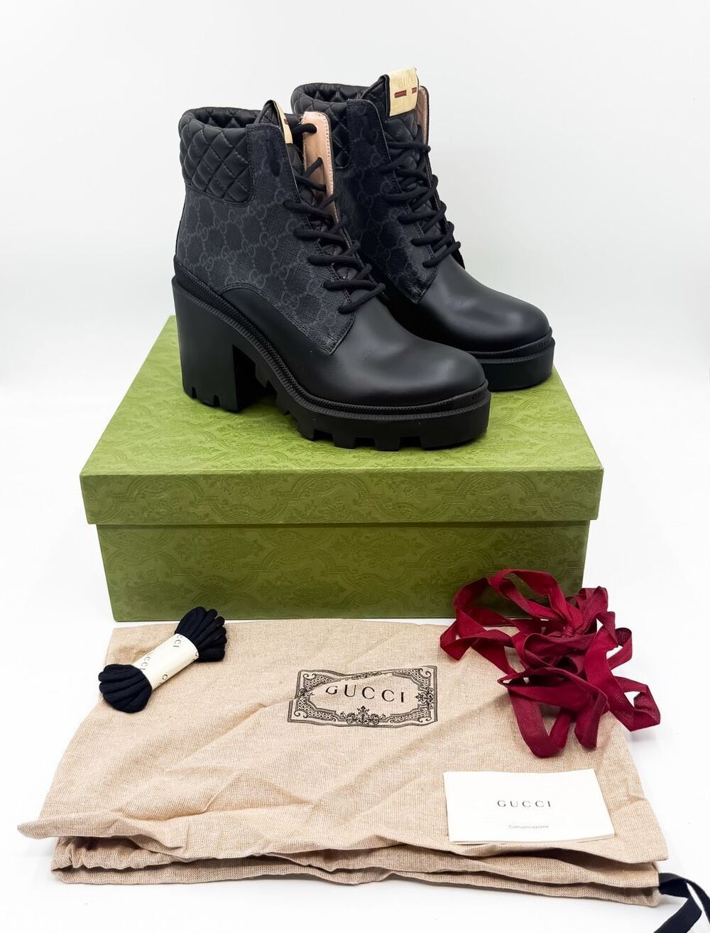 Gucci Boots GG Supreme Apollo Lug Sole Black Leather Canvas